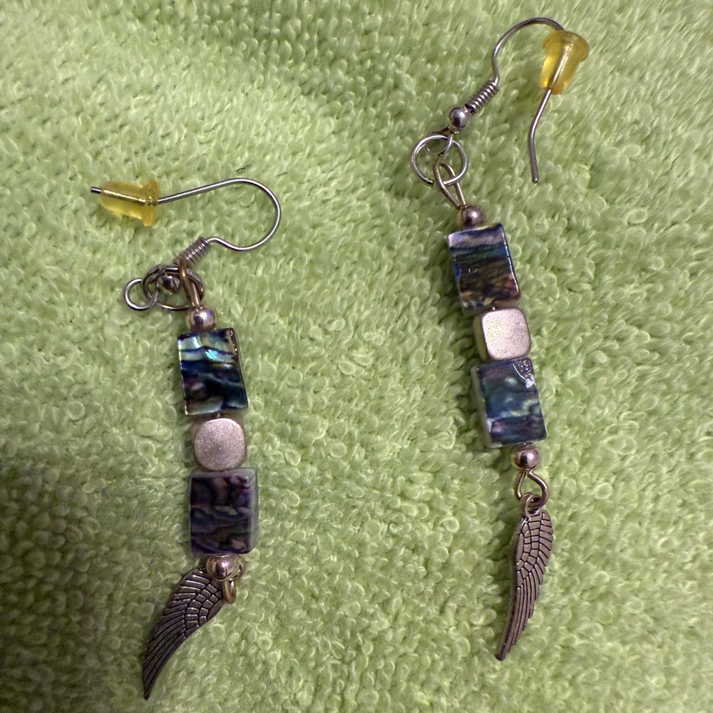 Vintage Abalone Shell Dangle Silver and Multicolor Winged Charm Earrings